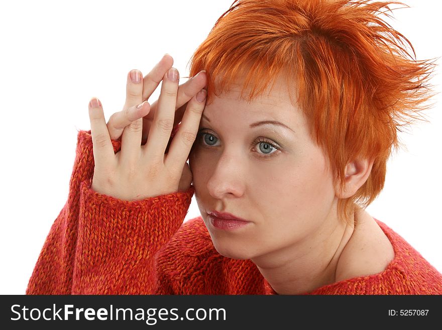 Sad red haired woman isolated on white background