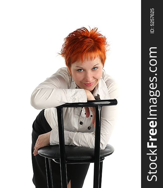 Business woman and chair isolated on white background