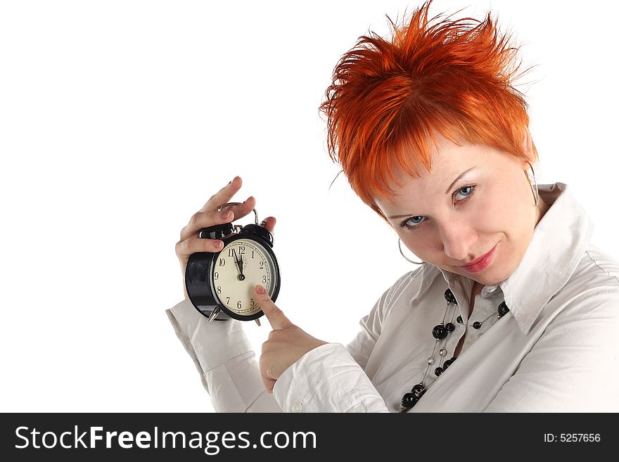 Cheerful business woman with clock. Planning and organization concept