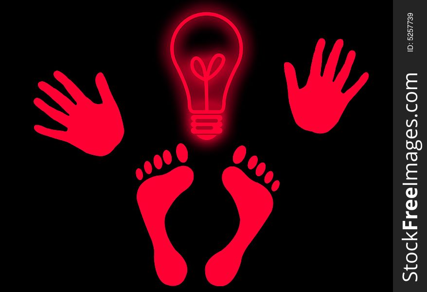 Hands, feet and a light bulb as head to represent genial idea. Hands, feet and a light bulb as head to represent genial idea