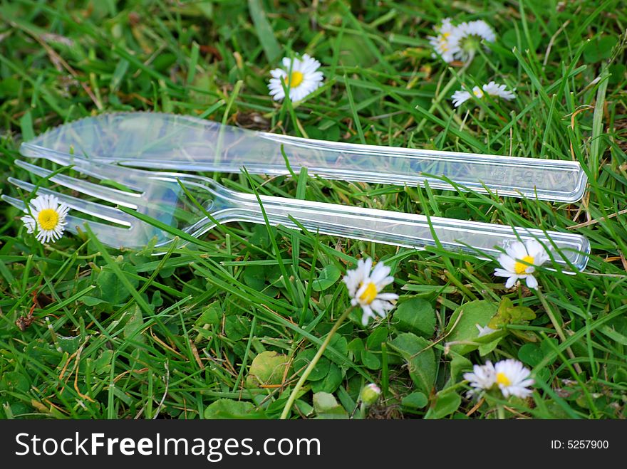 Some picnic cutlery on the grass,ready for a picnic