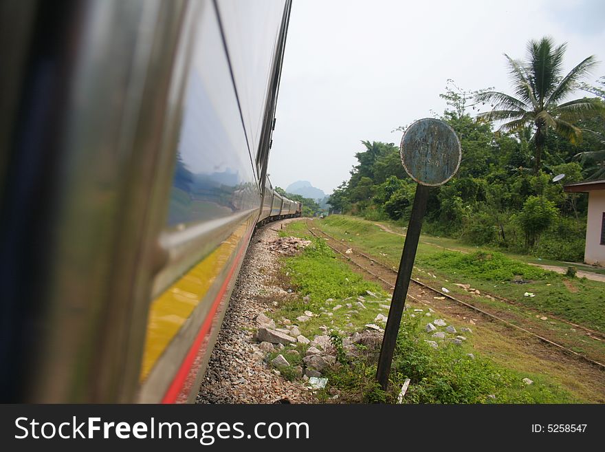 The train move slowly at one corner after departed from remote station. The train move slowly at one corner after departed from remote station.