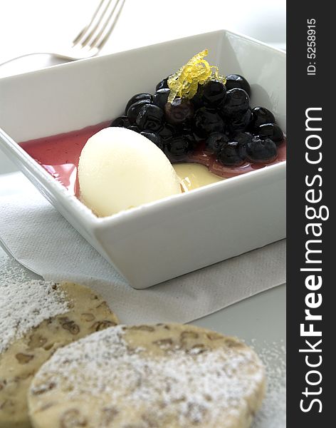 Blueberry with lemon sorbet and cookies. Blueberry with lemon sorbet and cookies