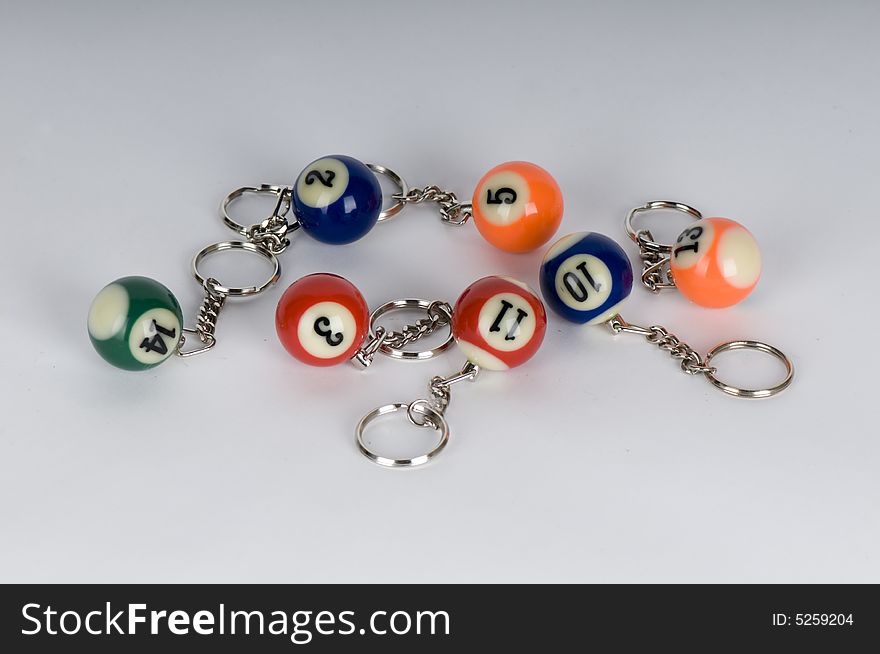 A number of pool balls miniaturized and attached to keyrings. A number of pool balls miniaturized and attached to keyrings.