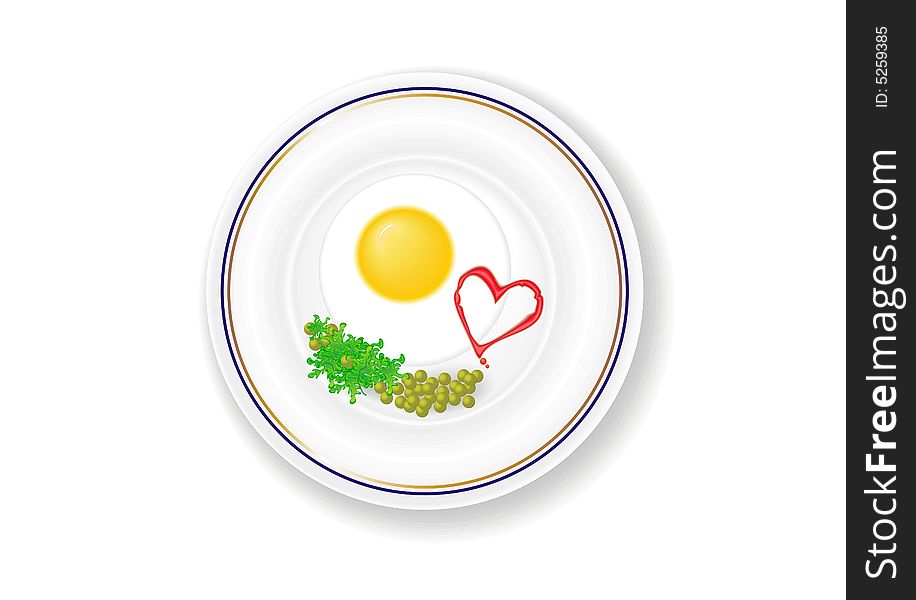 Fried eggs on a plate with peas and greens