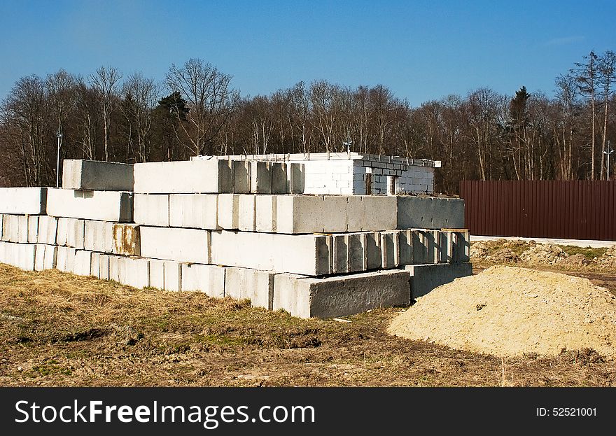 Concrete slabs to build a house on the construction site outside