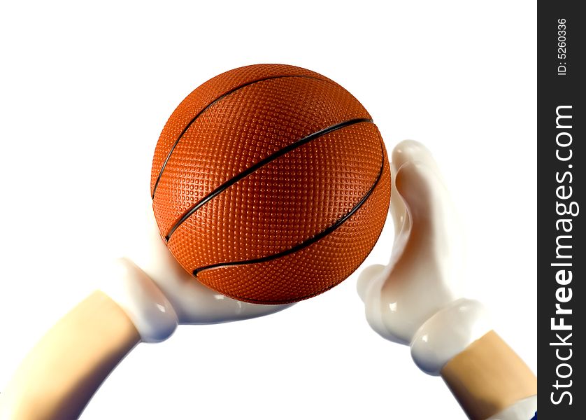 Basketball on hand close up,isolated on a white background