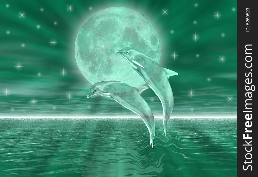 Dolphins in the night jumping on the moon