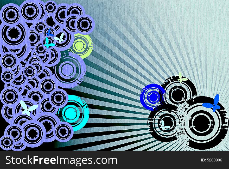 Abstract colored background with grunge circles and butterflies