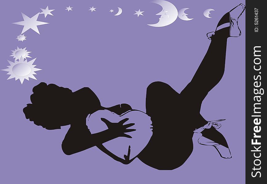 Cute girl with heart on purple background with stars and moone. Cute girl with heart on purple background with stars and moone