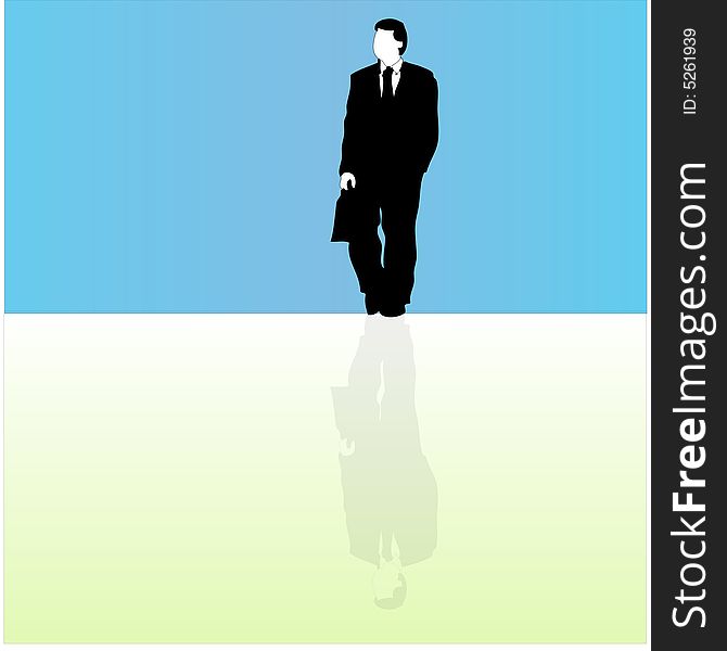 A business man in front of a blue background is reflected. A business man in front of a blue background is reflected.