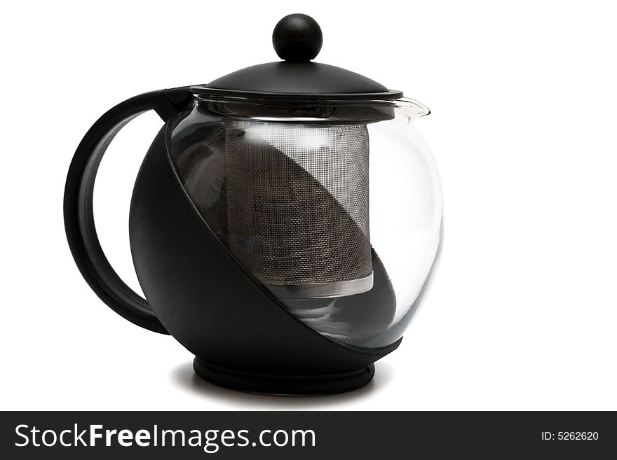 Round glass teapot on a white background