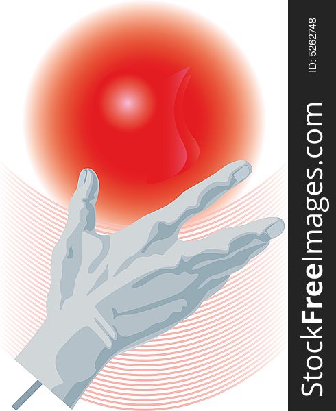 Hand. Sculpture on a background of a red sphere. Abstract. A vector illustration.