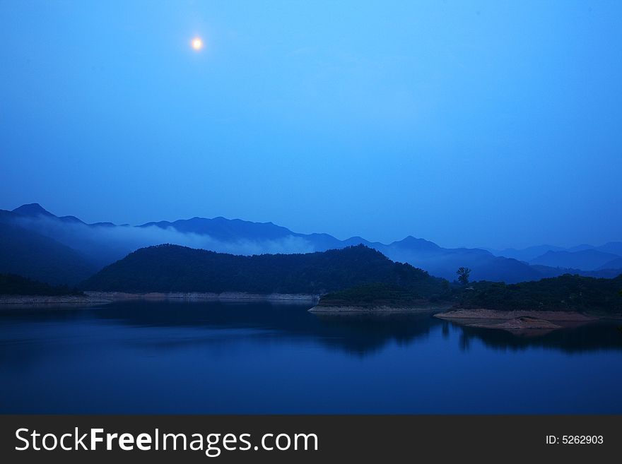 Dawn with fog in lake TingXia ,Ningno,China. Dawn with fog in lake TingXia ,Ningno,China