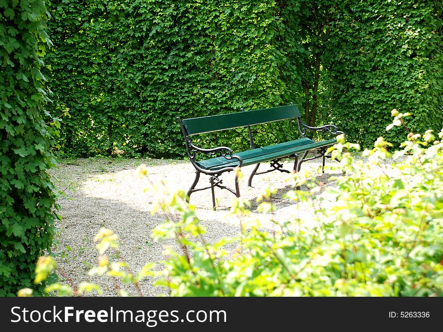 A green empty bench in a garden