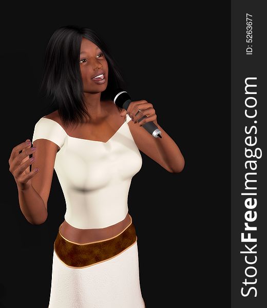 A young beautiful black woman singing with a microphone in her hand.