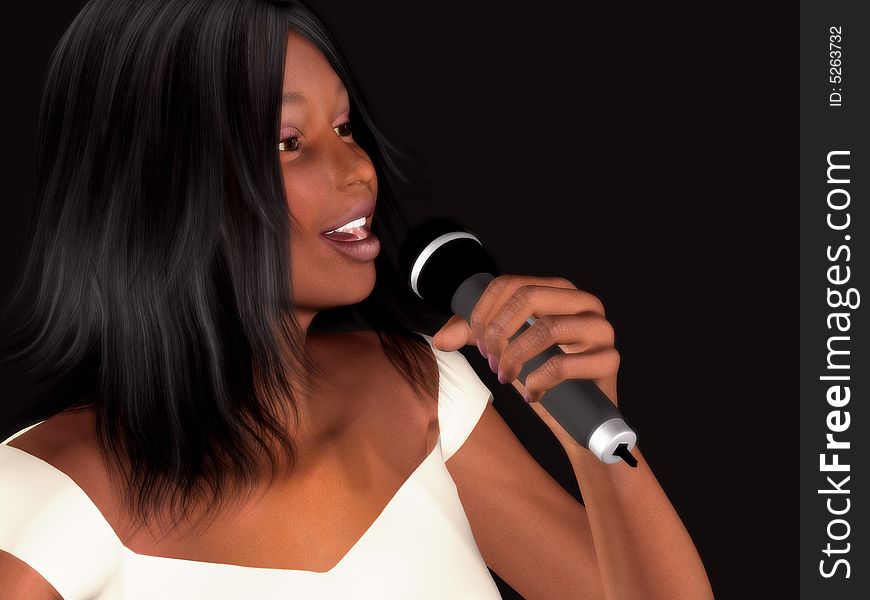 A young beautiful black woman singing with a microphone in her hand.