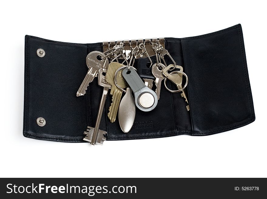 Leather key holder with bunch of keys, close-up