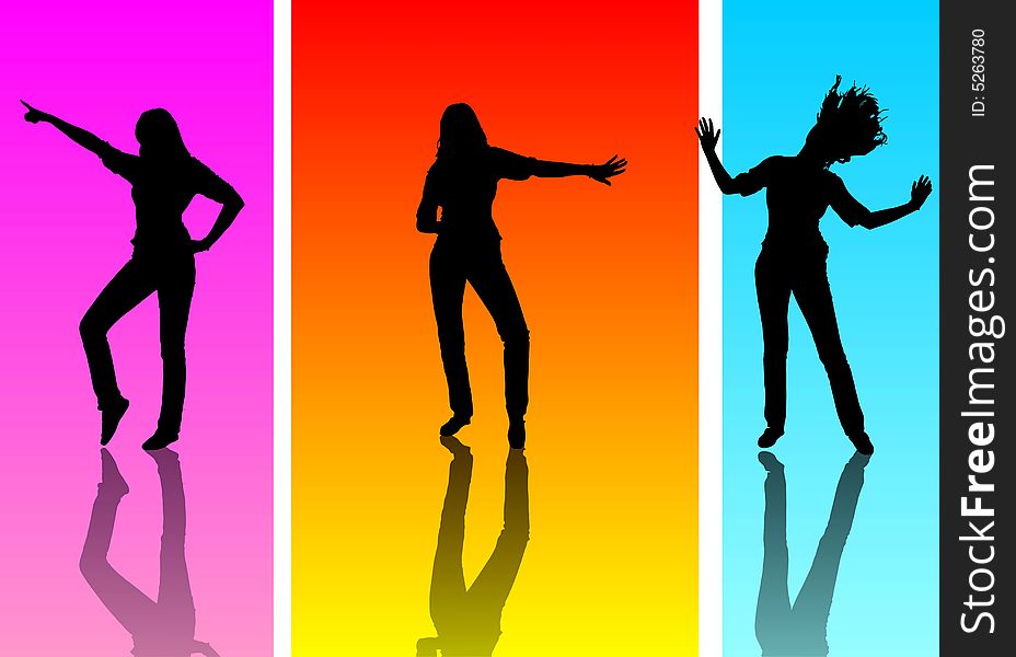 Three black female silhouettes dancing on three different backrounds. Three black female silhouettes dancing on three different backrounds