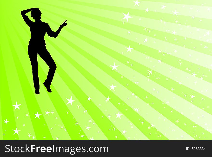 Black silhouette dancing with white stripes behind her on a green backround. Black silhouette dancing with white stripes behind her on a green backround