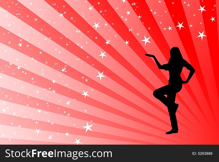 Black silhouette dancing with white stripes behind her on a red backround. Black silhouette dancing with white stripes behind her on a red backround
