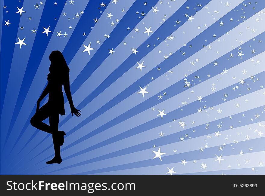 Black silhouette dancing with white stripes behind her on a blue backround. Black silhouette dancing with white stripes behind her on a blue backround