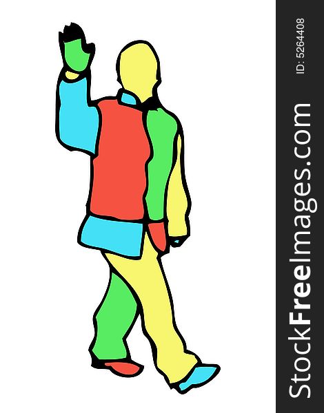 A walking man waving is illustrated in a selection of bright and bold colours. A walking man waving is illustrated in a selection of bright and bold colours.