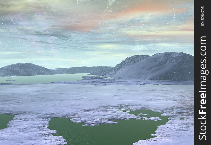 Arctic view, purple rings faintly visible beyond hazy clouds lit with pink. Green ocean visible in foreground, icy mountains in background. Arctic view, purple rings faintly visible beyond hazy clouds lit with pink. Green ocean visible in foreground, icy mountains in background.