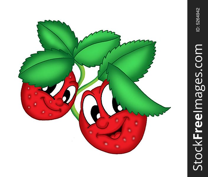 Illustration of two strawberries with smiling faces.