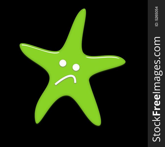 Image of a green starfish shape with a sad smile. Image of a green starfish shape with a sad smile