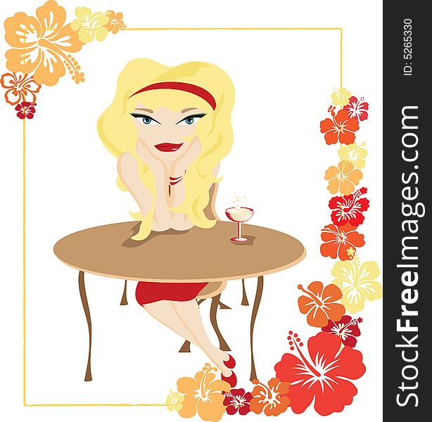 Blonde Girl Sitting At Table With Cocktail Glass