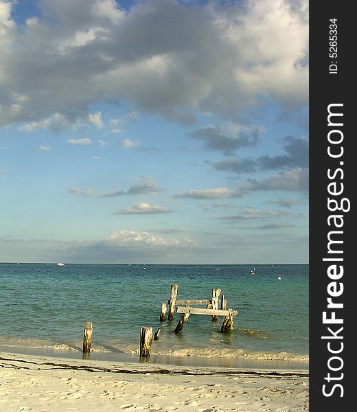 Jetty supports on beach at Puerto Morelos, all that remains after a hurricane.