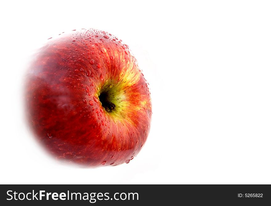 Red apple with water drops in white background