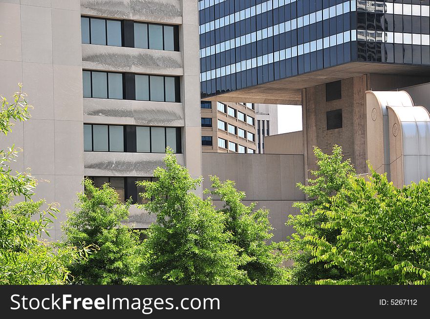 City office buildings cluster together in a small space