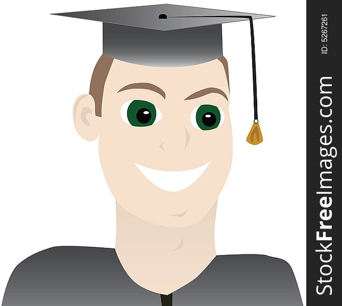 Vector illustration of a closeup of a young man graduating, with hat and gown