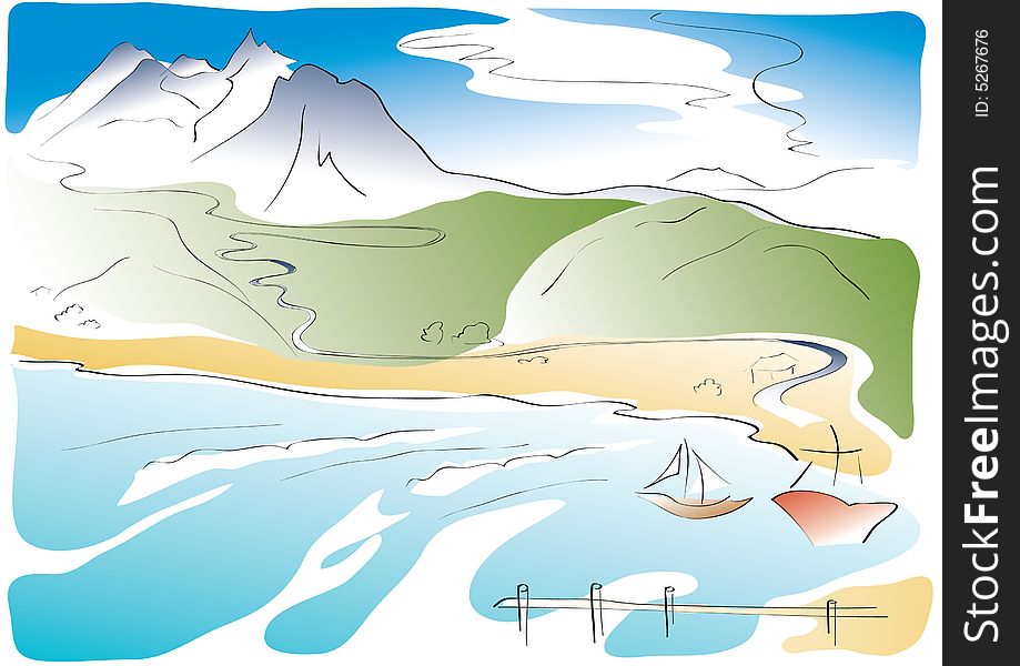 Coloured drawing of landscape whith mountains, beach, sea, road and two boats. Coloured drawing of landscape whith mountains, beach, sea, road and two boats