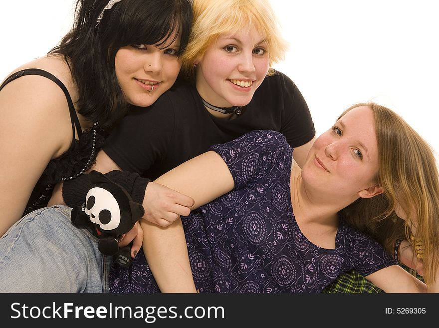 Three young girls on white background. Three young girls on white background