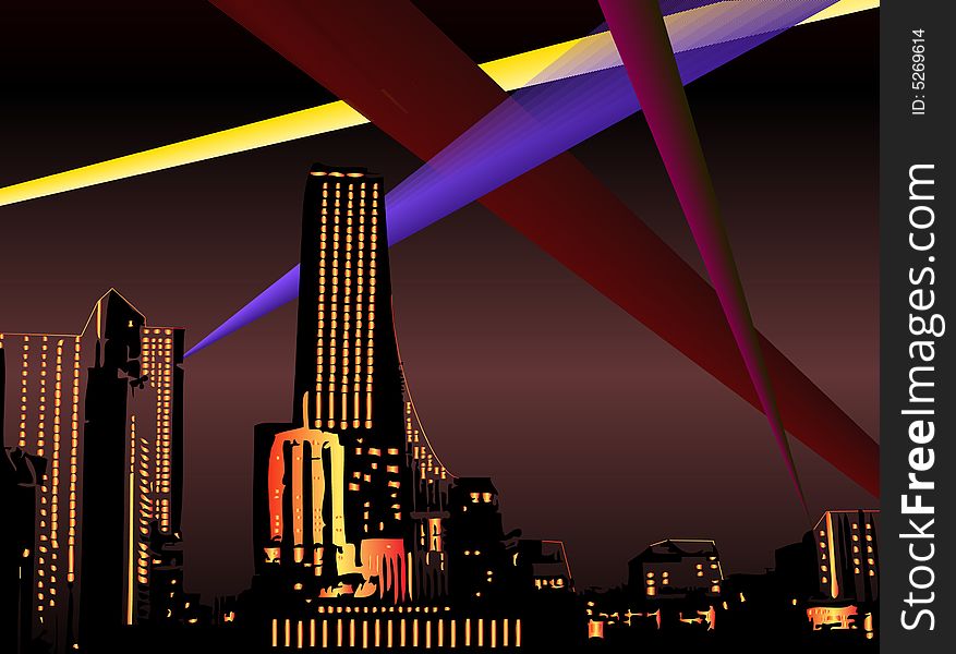 Illustration of city, night, discotheque