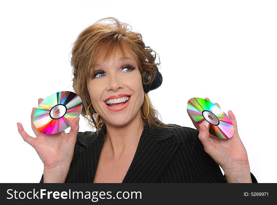 Businesswoman holding CDs isolated on white