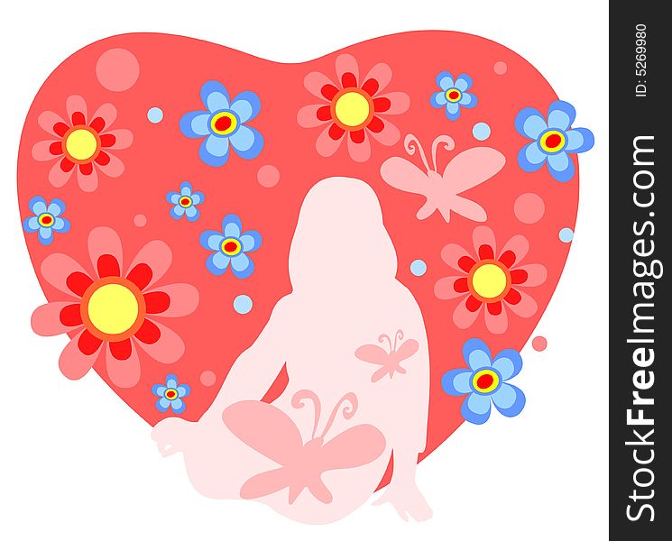 Pink girl silhouette with butterflies and ornate heart with flowers isolated on a white background. Pink girl silhouette with butterflies and ornate heart with flowers isolated on a white background.