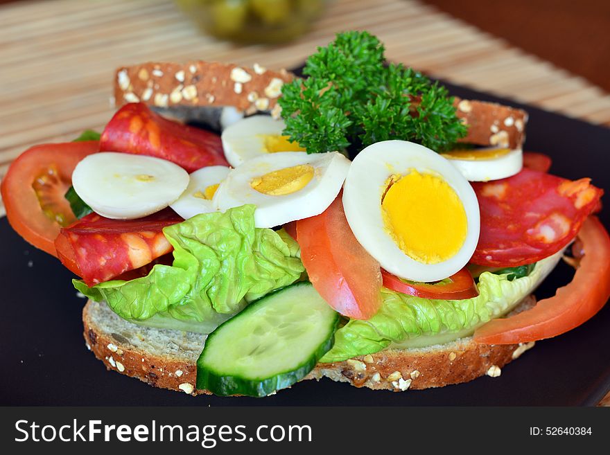 Fresh and healthy sandwich with salami and vegetables on a plate