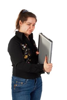 Girl Holds Closed Laptop Stock Photos Girl Holds Closed Laptop Stock Photos