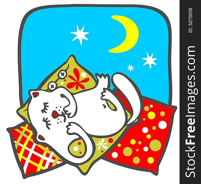 The amusing white cat sleeps on pillows on a background of the night sky.