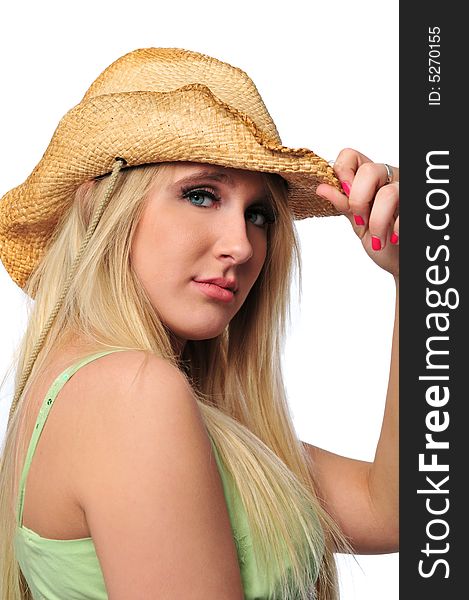 Beautiful cowgirl teen with hat isolated on white