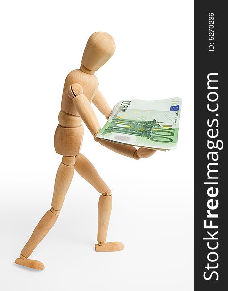 The wooden figure holds euro. Isolated on white [with clipping path]. The wooden figure holds euro. Isolated on white [with clipping path].