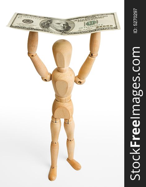 The wooden figure holds dollars.Isolated on white [with clipping path]. The wooden figure holds dollars.Isolated on white [with clipping path].