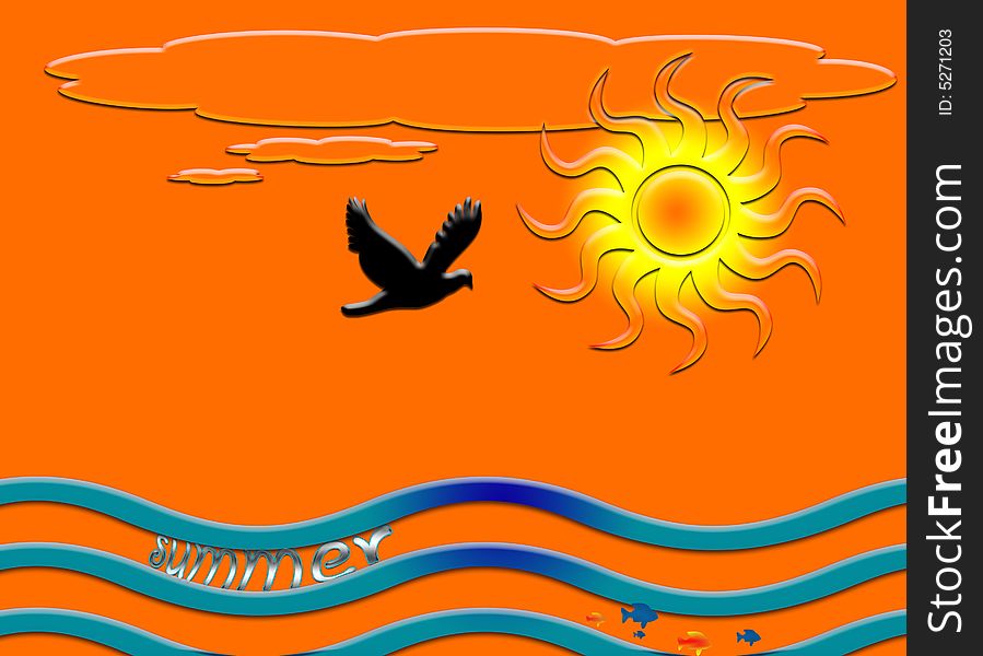 Stylized concept of summer, with sea, sun, fish