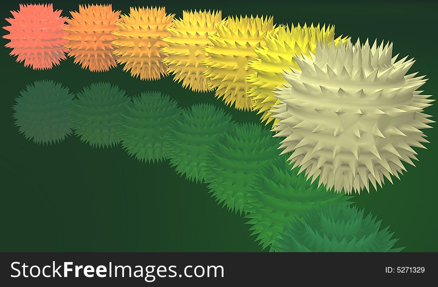 Illustration with the image of unusual prickly spheres of different colors