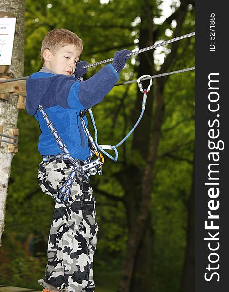 Young boy climbing  in the forest