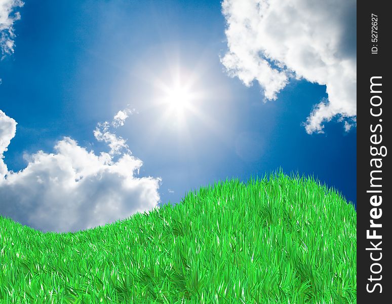 Fresh Green Field On Blue Sunny Sky Background